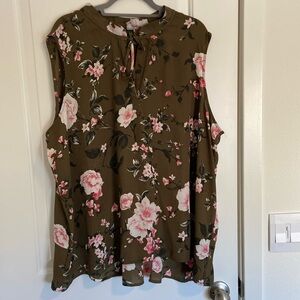 Bobeau 3X sleeveless too with a brown background pink, white and green flowers.